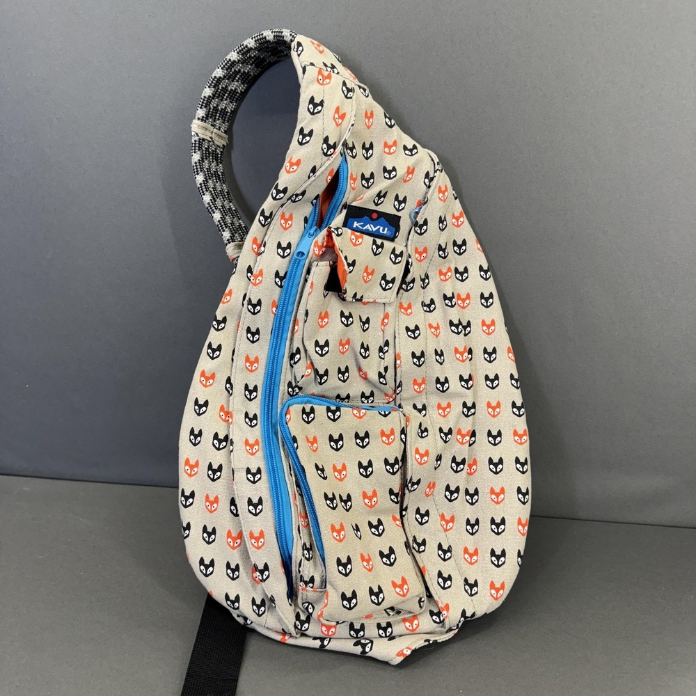 KAVU Rope Bag Sling Crossbody Fox Print Tan Blue‎ Zip Backpack